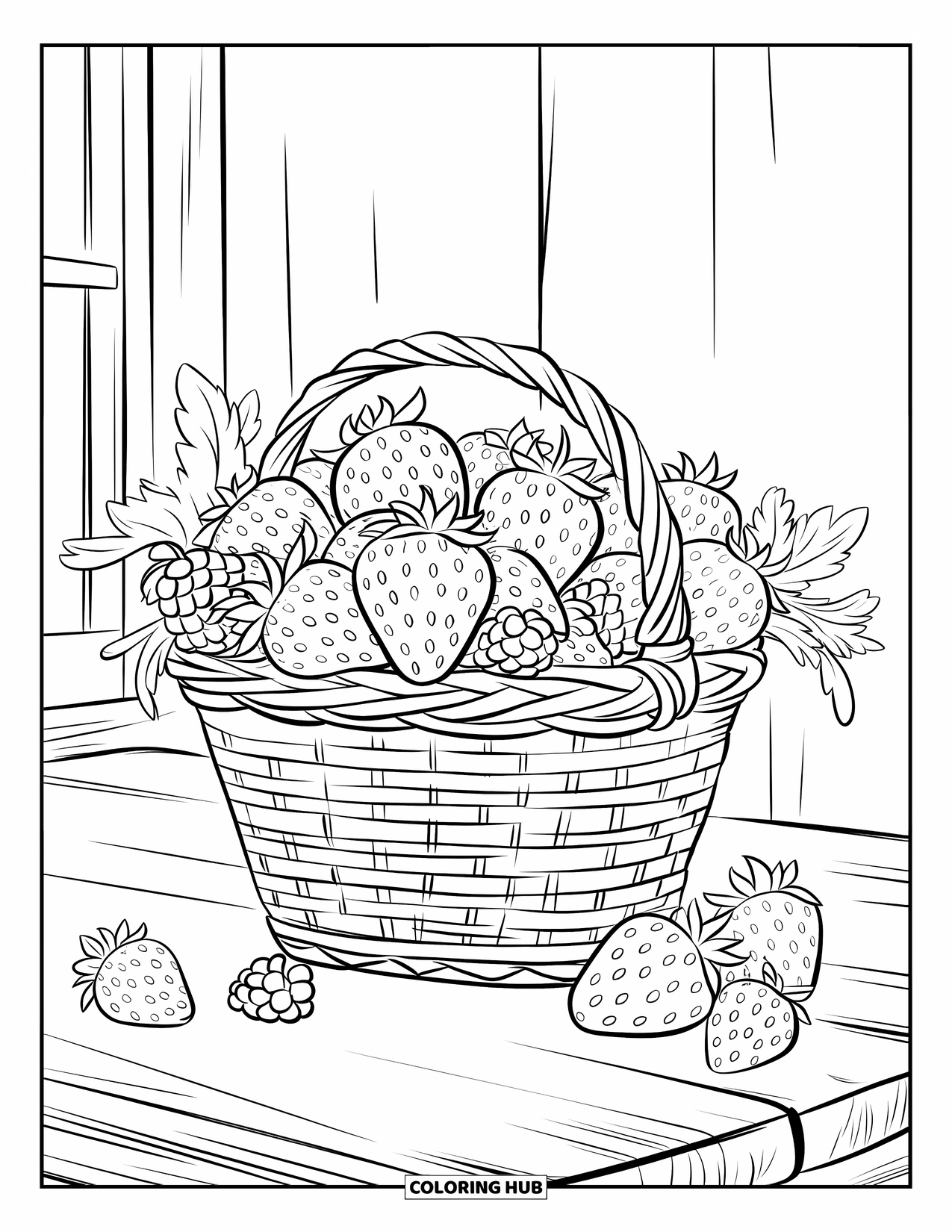 Berry Coloring Page for Kids: Basket overflowing with strawberries and raspberries on a wooden table