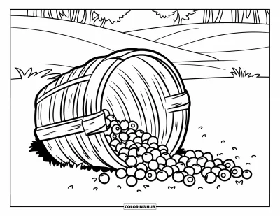 Beeren-Ausmalbild für Kinder: Beeren purzeln aus einem Korb in einer hügeligen Landschaft