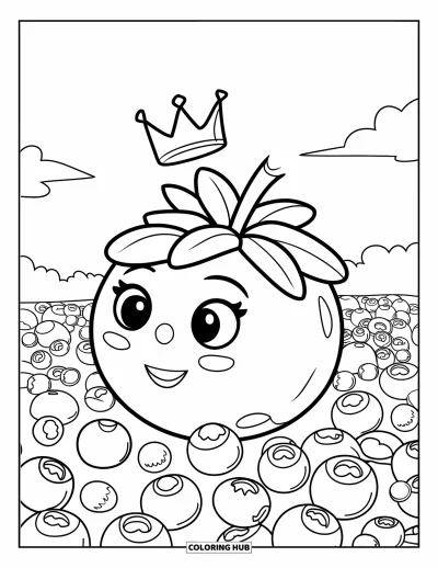 Beeren-Ausmalbild für Kinder: Große Blaubeere mit Krone, umgeben von kleineren Beeren