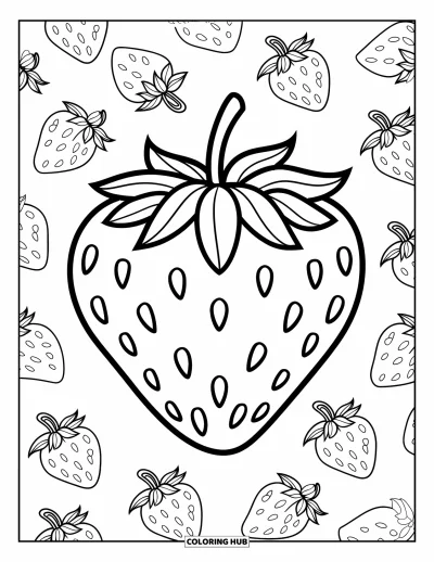 Beeren-Ausmalbild für Kinder: Große Erdbeere umgeben von kleineren auf weißem Hintergrund