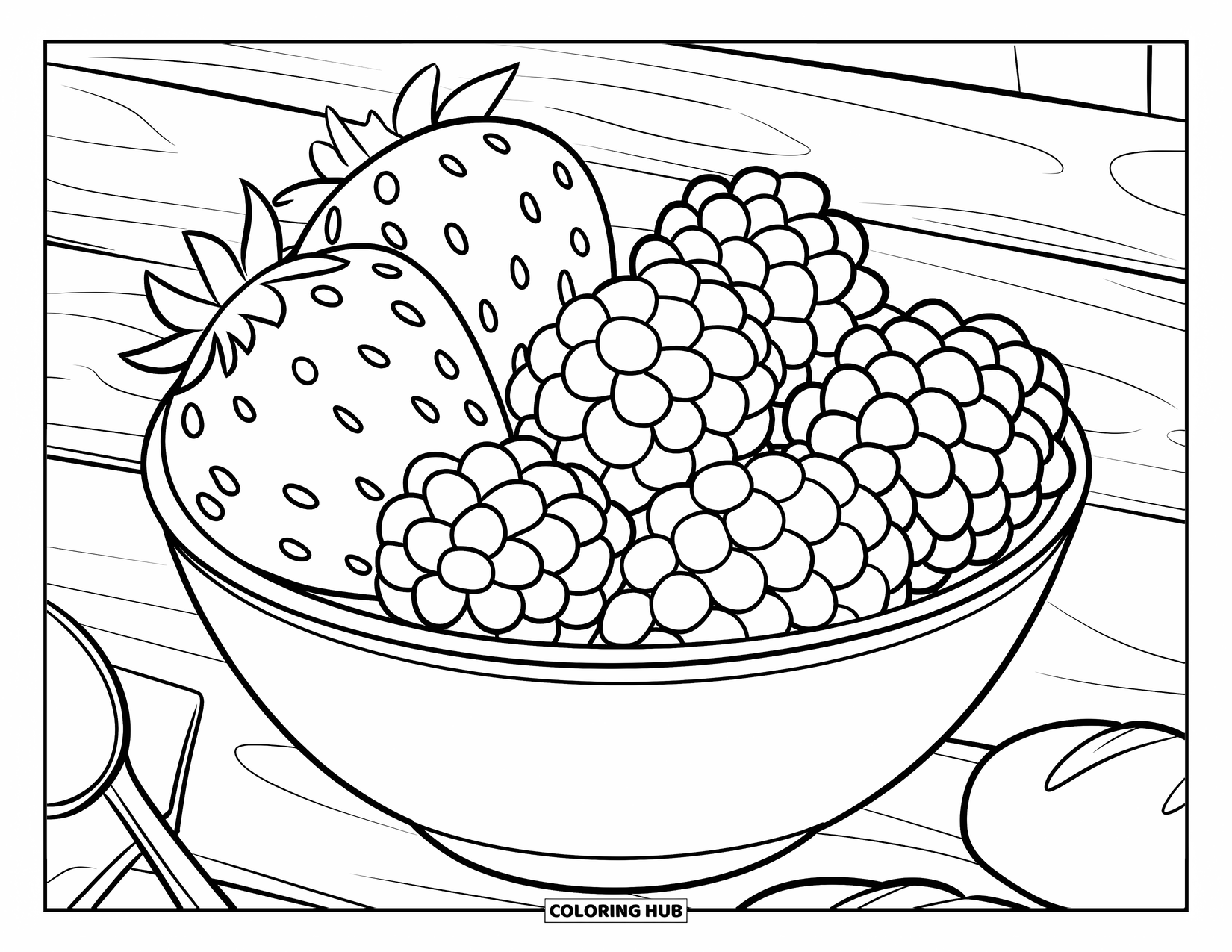 Berry Coloring Page for Kids: Bowl of strawberries, blueberries, raspberries, and blackberries with a spoon nearby