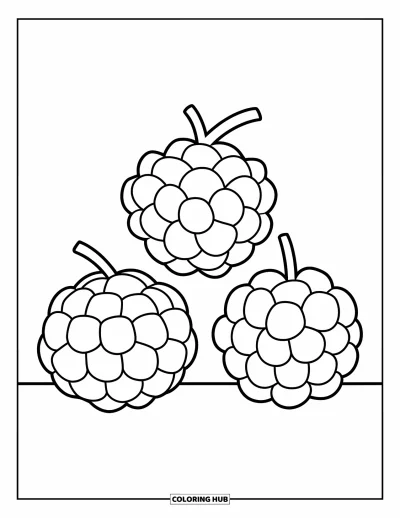 Beeren-Ausmalbild für Kinder: Moltebeeren in dreieckiger Anordnung, jede etwas anders geformt