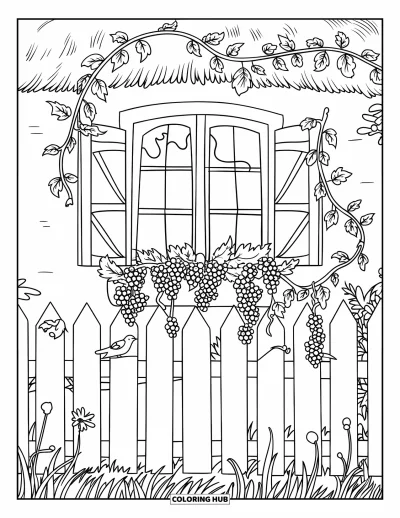 Beeren-Ausmalbild für Kinder: Cottageküche mit Beerenranken um das Fenster und wilden Vögeln