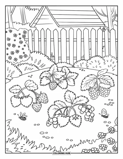 Beeren-Ausmalbild für Kinder: Garten voller Beerenpflanzen mit Bienen und Schmetterlingen