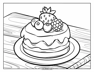 Beeren-Ausmalbild für Kinder: Herzförmiger Beeren-Shortcake mit Glasur und Früchten