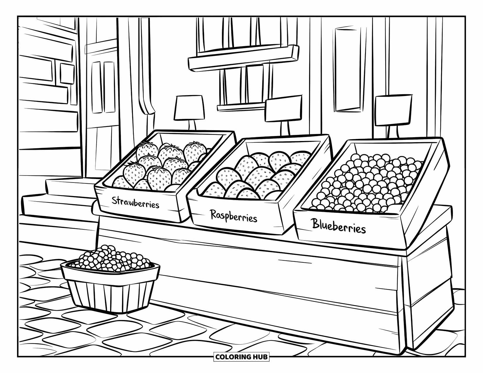 Berry Coloring Page for Kids: Market berry stand with crates of strawberries, raspberries, and blueberries