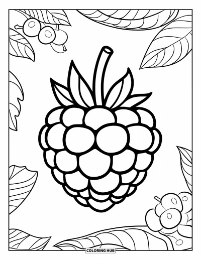 Beeren-Ausmalbild für Kinder: Himbeere in der Mitte mit kleineren Beeren rundherum