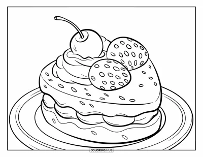 Beeren-Ausmalbild für Kinder: Erdbeer-Shortcake mit drei Beeren und einer Kirsche obendrauf
