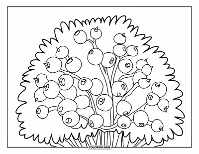 Beeren-Ausmalbild für Kinder: Beerenstrauch mit dicken Ästen und einfachen Formen zum Ausmalen