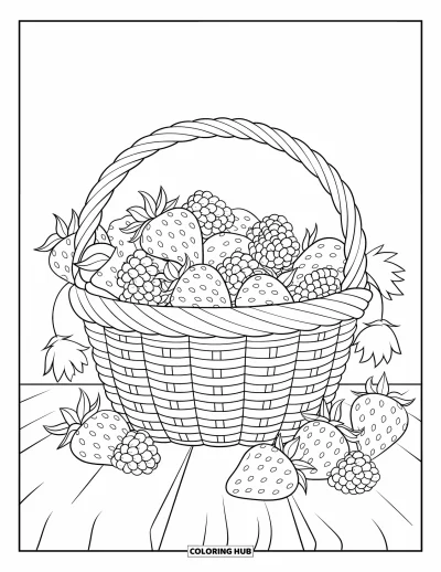 Beeren-Ausmalbild für Kinder: Geflochtener Korb voll mit Erdbeeren und Himbeeren, Beeren rundherum verstreut