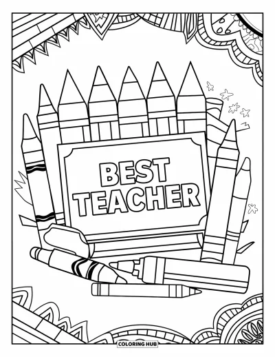 Yetişkinler için Öğretmen Boyama Sayfası: Dev boyalar ve kalemlerle çevrili "Best Teacher" ödülü
