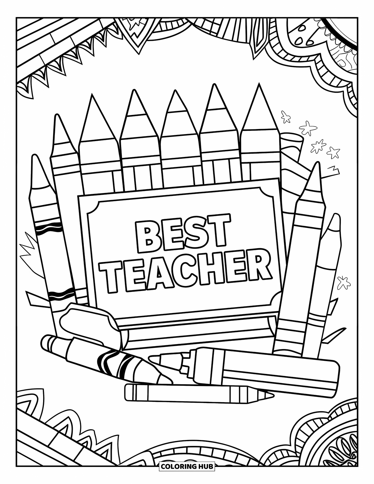 Best Teacher Coloring Page for Adults: A "Best Teacher" award surrounded by oversized crayons and pencils