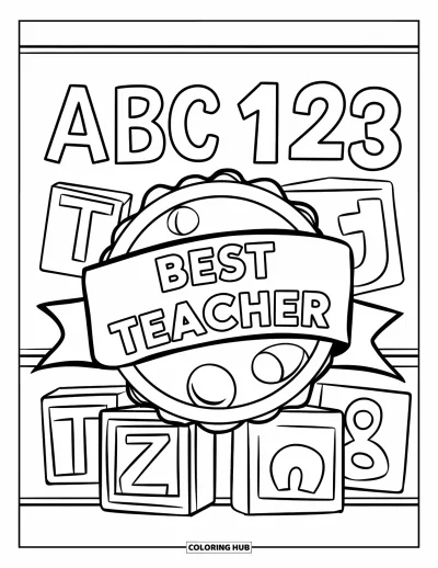 Yetişkinler için Öğretmen Boyama Sayfası: Büyük ABC blokları ve sayılarla çevrili "Best Teacher" ödül kurdelesi
