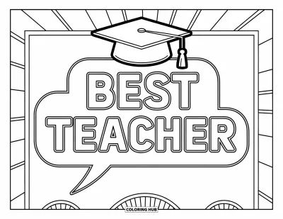 Yetişkinler için Öğretmen Boyama Sayfası: Üstünde mezuniyet şapkası olan "Best Teacher" konuşma balonu