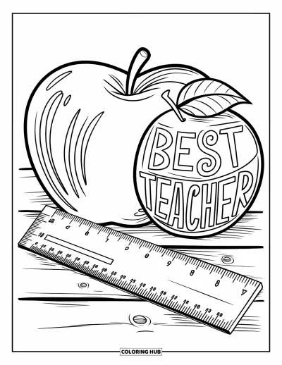 Yetişkinler için Öğretmen Boyama Sayfası: Ahşap yüzeyde "Best Teacher" yazısının yanında büyük elma ve cetvel