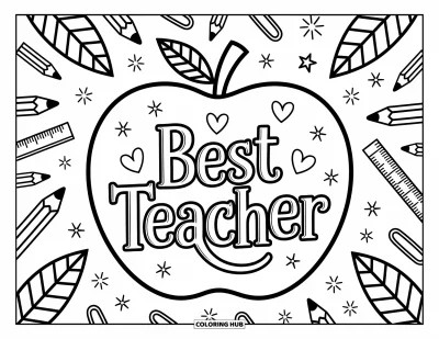 Yetişkinler için Öğretmen Boyama Sayfası: "Best Teacher" yazısının çevresinde büyük elma, kalem cetvel ve yıldız karalamalarıyla çerçevelenmiş