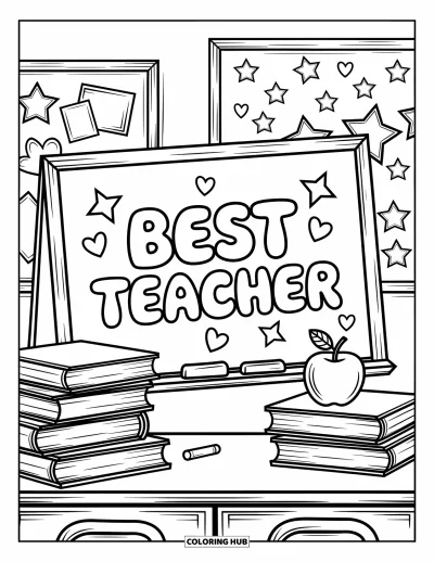 Yetişkinler için Öğretmen Boyama Sayfası: "Best Teacher" yazan tahta, kitaplar elma ve karalamalarla süslü