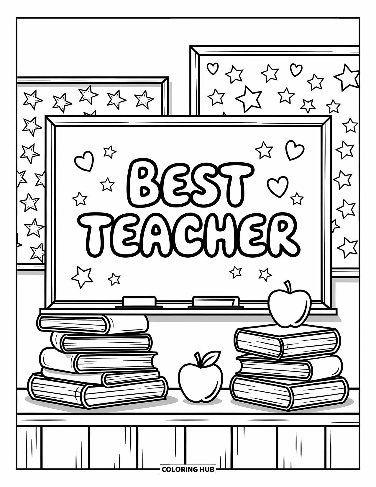 Best Teacher Coloring Page for Adults: A chalkboard with "Best Teacher" is surrounded by books, apples, and doodle stars