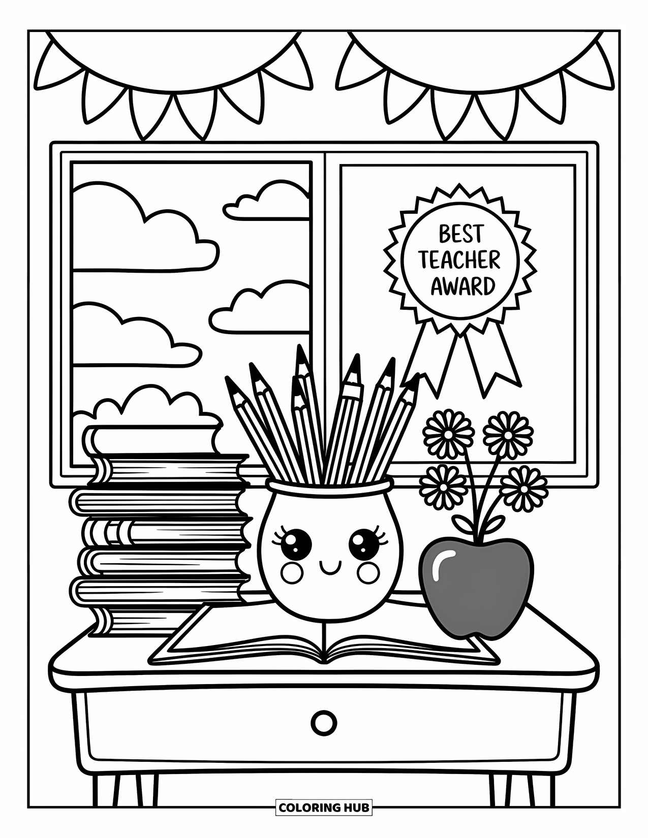 Best Teacher Coloring Page for Adults: A classroom desk with books, pencils, an apple, and a ribbon says "Best Teacher"