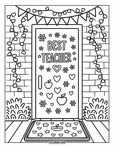 Yetişkinler için Öğretmen Boyama Sayfası: "Best Teacher" yazılı sınıf kapısı çiçekler, kalpler ve yıldızlarla süslü