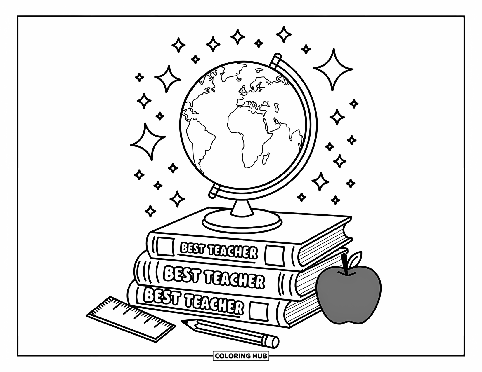 Best Teacher Coloring Page for Adults: A classroom globe rests on books labeled "Best Teacher" with pencils and sparkles