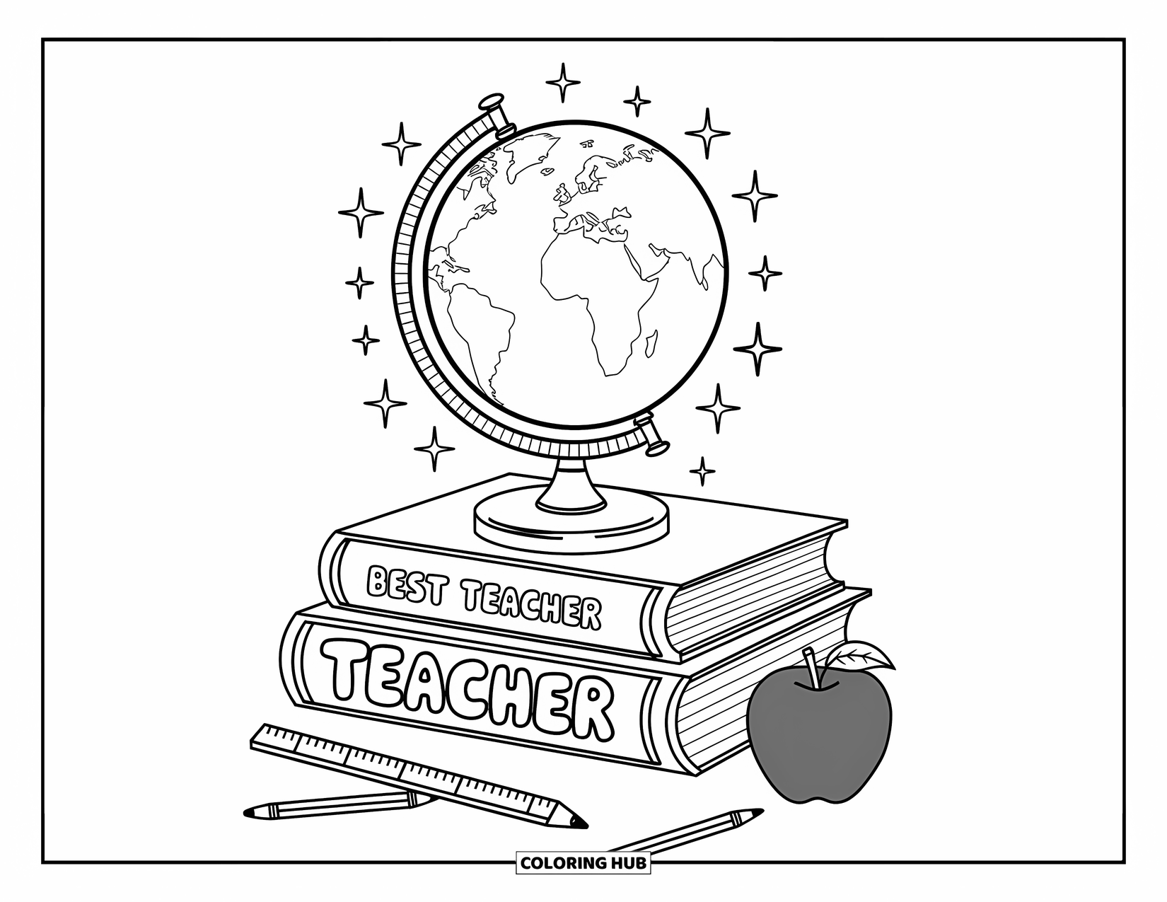 Best Teacher Coloring Page for Adults: A classroom globe sits on books labeled "Best Teacher" with pencils and an apple