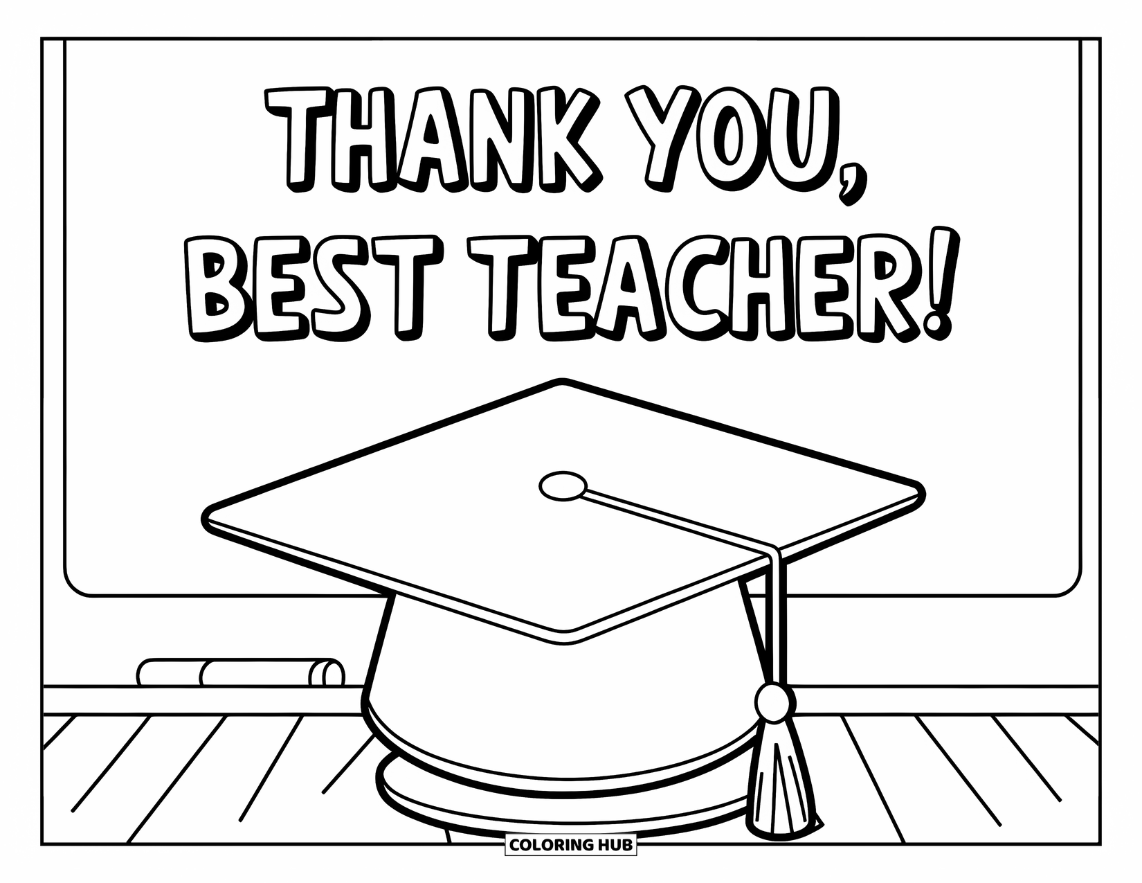 Best Teacher Coloring Page for Adults: A graduation cap with "Best Teacher" written on a whiteboard