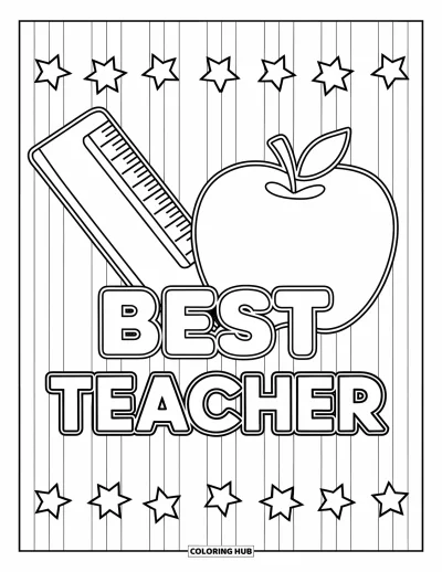 Yetişkinler için Öğretmen Boyama Sayfası: Yıldızlar ve çizgilerle "Best Teacher" yazısının yanında büyük elma ve cetvel