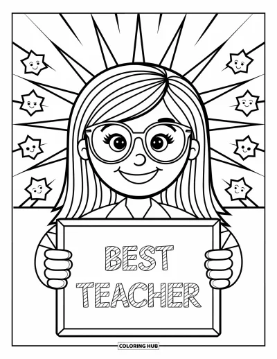 Yetişkinler için Öğretmen Boyama Sayfası: Gülen bir öğretmen, üzerinde "Best Teacher" yazan tahtayı tutuyor