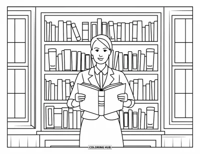 Yetişkinler için Öğretmen Boyama Sayfası: Kitap tutan bir öğretmen, arkasında pencere olan kitaplığın yanında duruyor