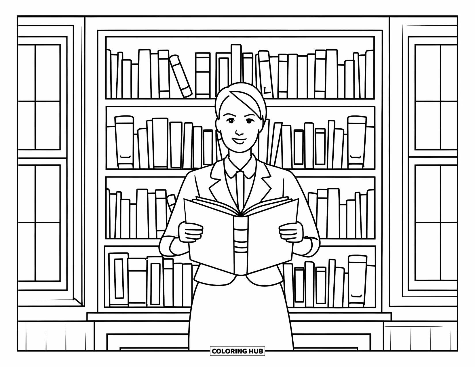 Best Teacher Coloring Page for Adults: A teacher holding a book stands by a bookshelf with a window behind