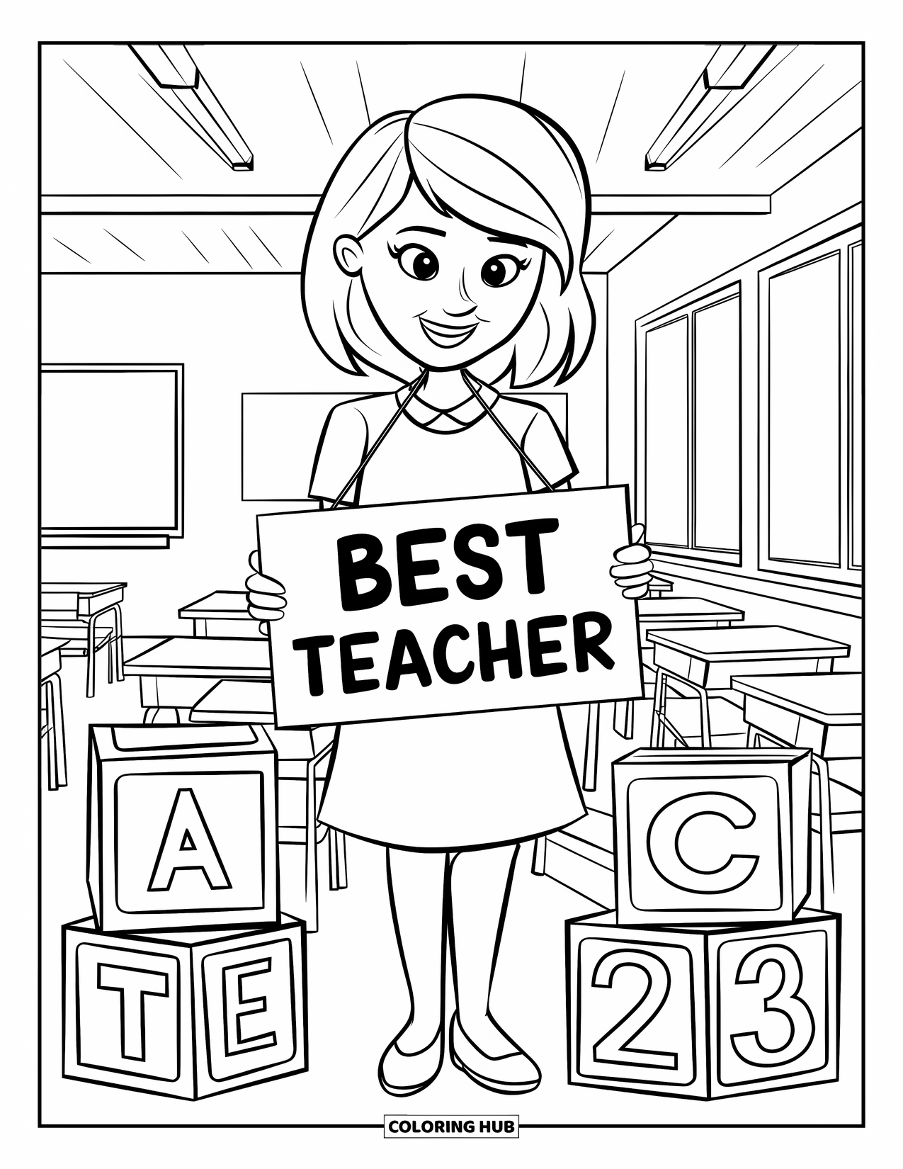 Best Teacher Coloring Page for Adults: A teacher with a "Best Teacher" sign stands among giant ABC blocks