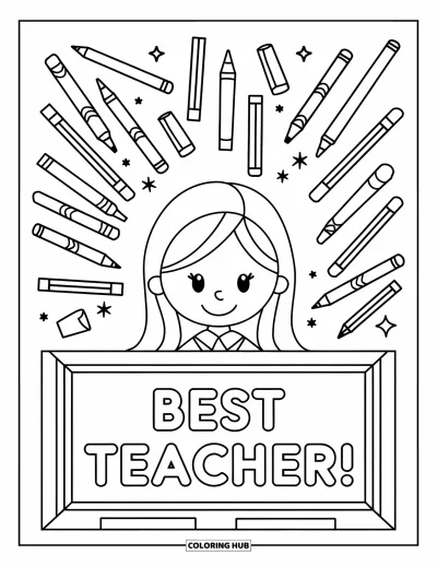 Yetişkinler için Öğretmen Boyama Sayfası: Dev boyalarla çevrili öğretmen ve "Best Teacher" yazısı