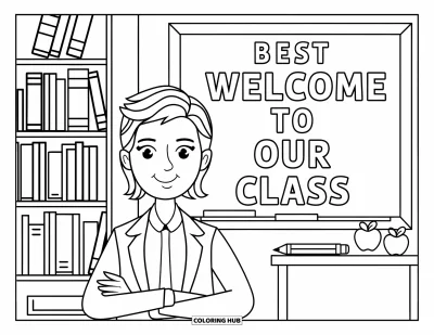 Yetişkinler için Öğretmen Boyama Sayfası: "Best Teacher" yazılı tabelayla kitaplık ve masanın yanında duran öğretmen