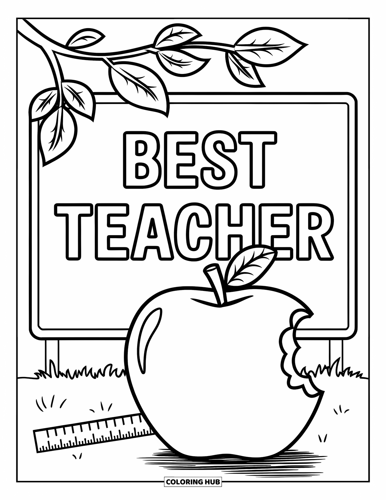 Best Teacher Coloring Page for Adults: "Best Teacher" text beside an apple with a bite and a ruler
