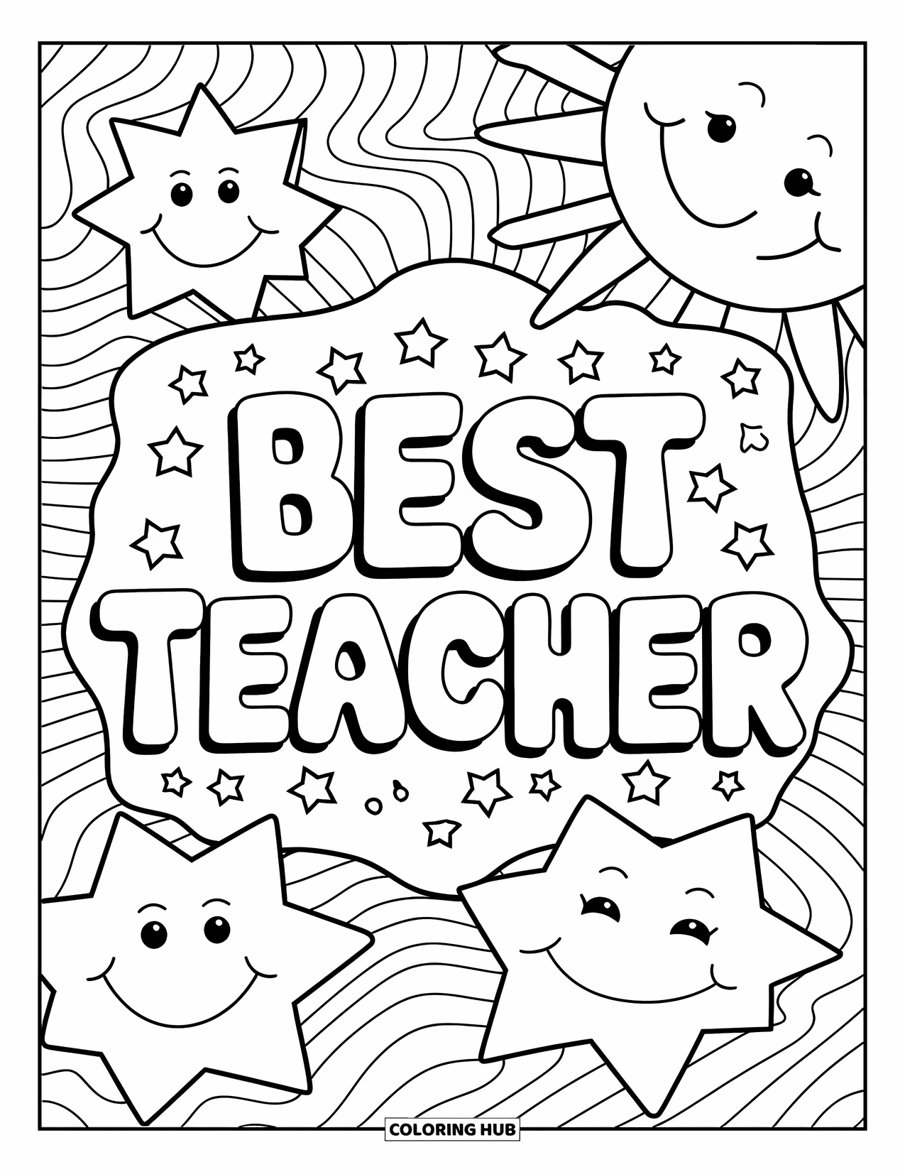 Best Teacher Coloring Page for Adults: "Best Teacher" text framed by smiling stars and a big sun