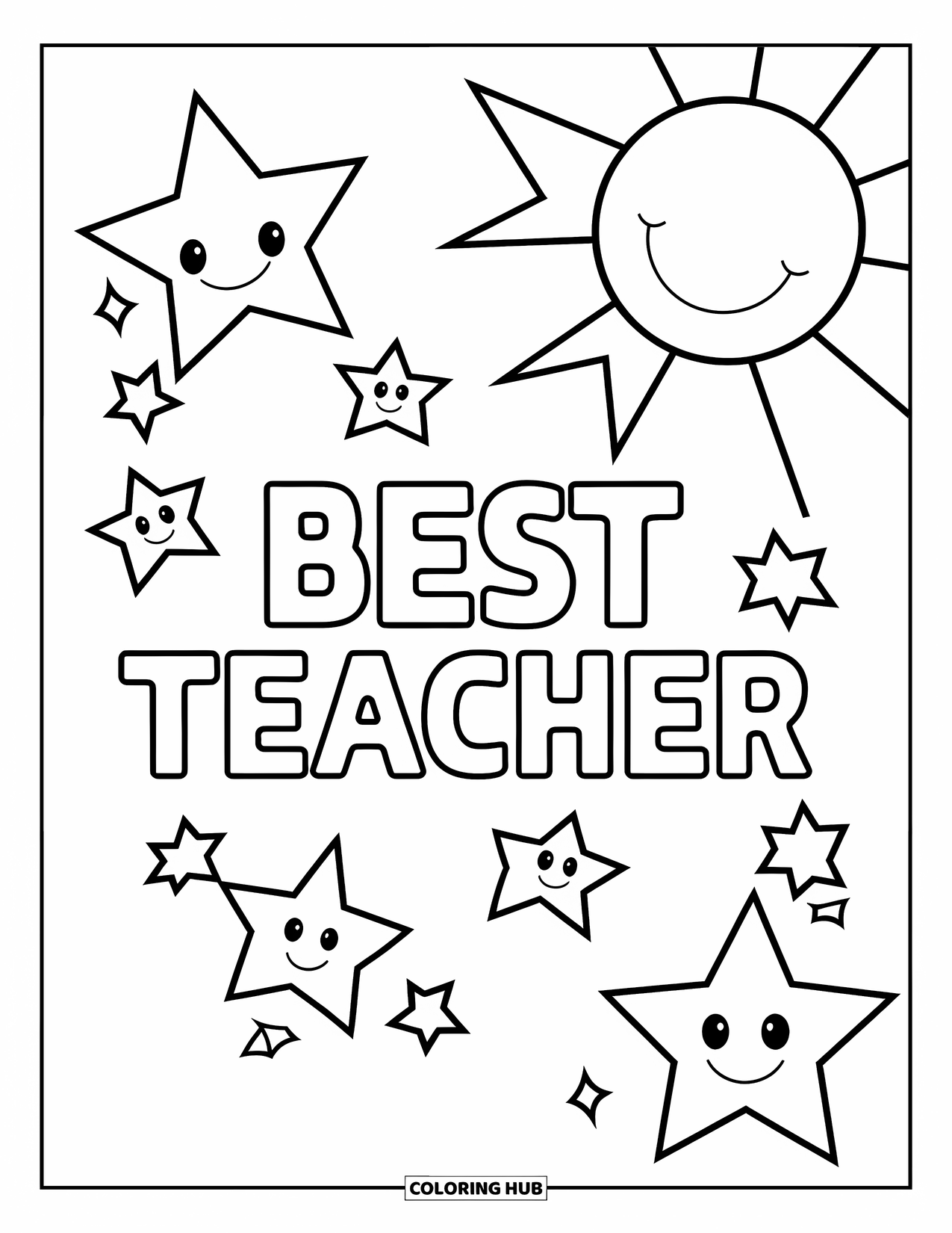 Best Teacher Coloring Page for Adults: "Best Teacher" text with stars and a sun framed in bold outlines