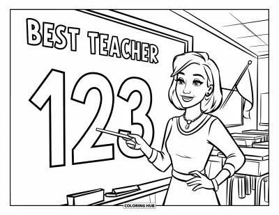 Çocuklar için Öğretmen Boyama Sayfası: Gülen bir öğretmen, "Best Teacher" yazısının altında tahtada "123"ü gösteriyor