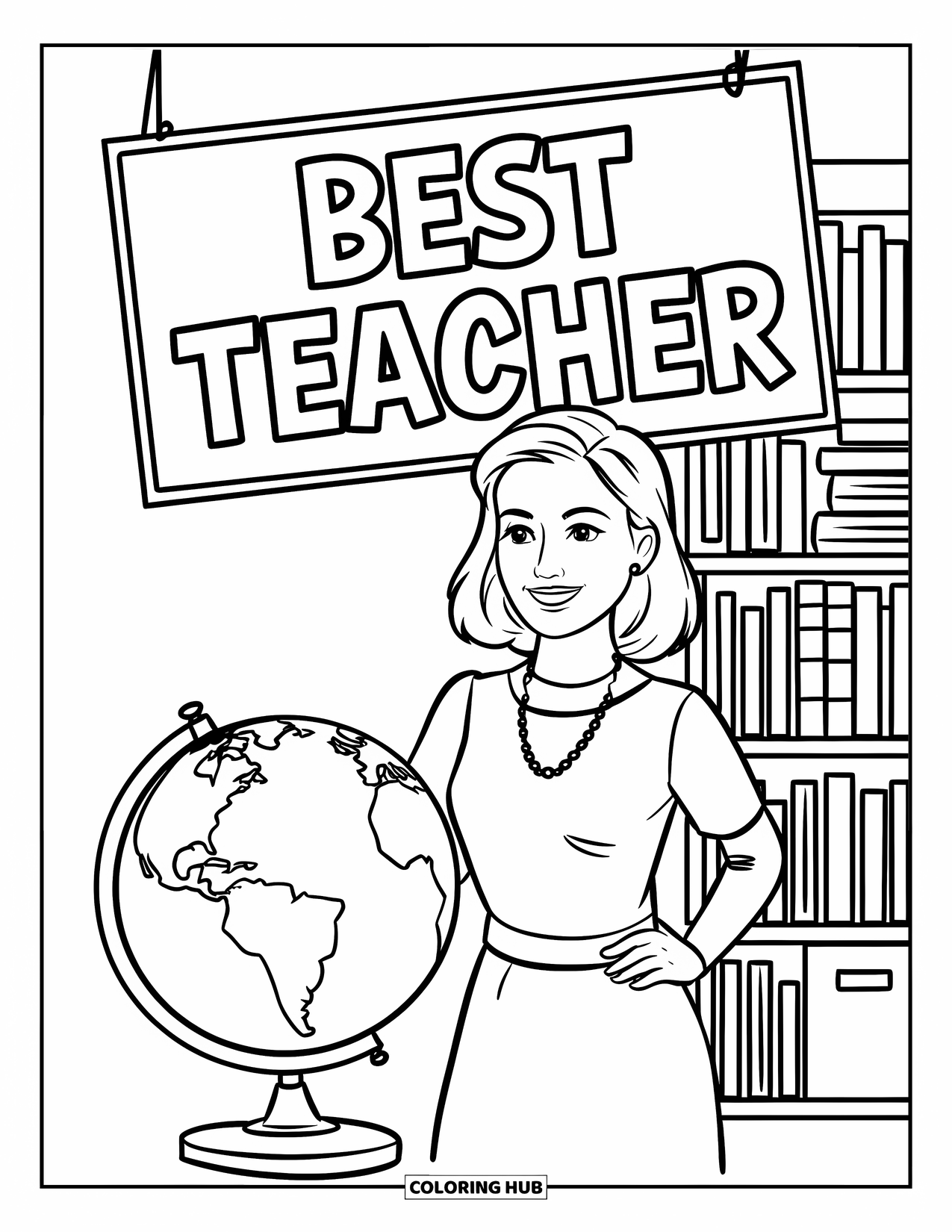 Best Teacher Coloring Page for Kids: A smiling teacher stands by a globe and bookshelf under "Best Teacher"