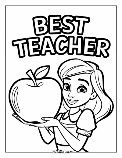 Çocuklar için Öğretmen Boyama Sayfası: Yakalıklı gülen bir öğretmen, üzerinde "Best Teacher" yazan parlak bir elma tutuyor