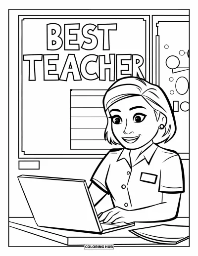 Çocuklar için Öğretmen Boyama Sayfası: Dizüstü bilgisayarlı gülen bir öğretmen, "Best Teacher" yazısının altında duruyor