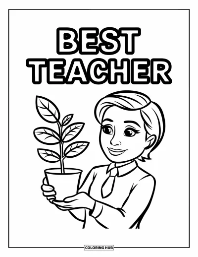 Çocuklar için Öğretmen Boyama Sayfası: Kravatlı gülen bir öğretmen, "Best Teacher" yazısının altında saksılı bitki tutuyor