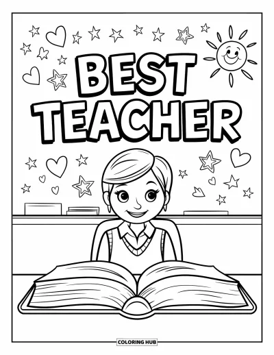 Çocuklar için Öğretmen Boyama Sayfası: Açık kitaplı gülen bir öğretmen, "Best Teacher" tabelasının altında oturuyor