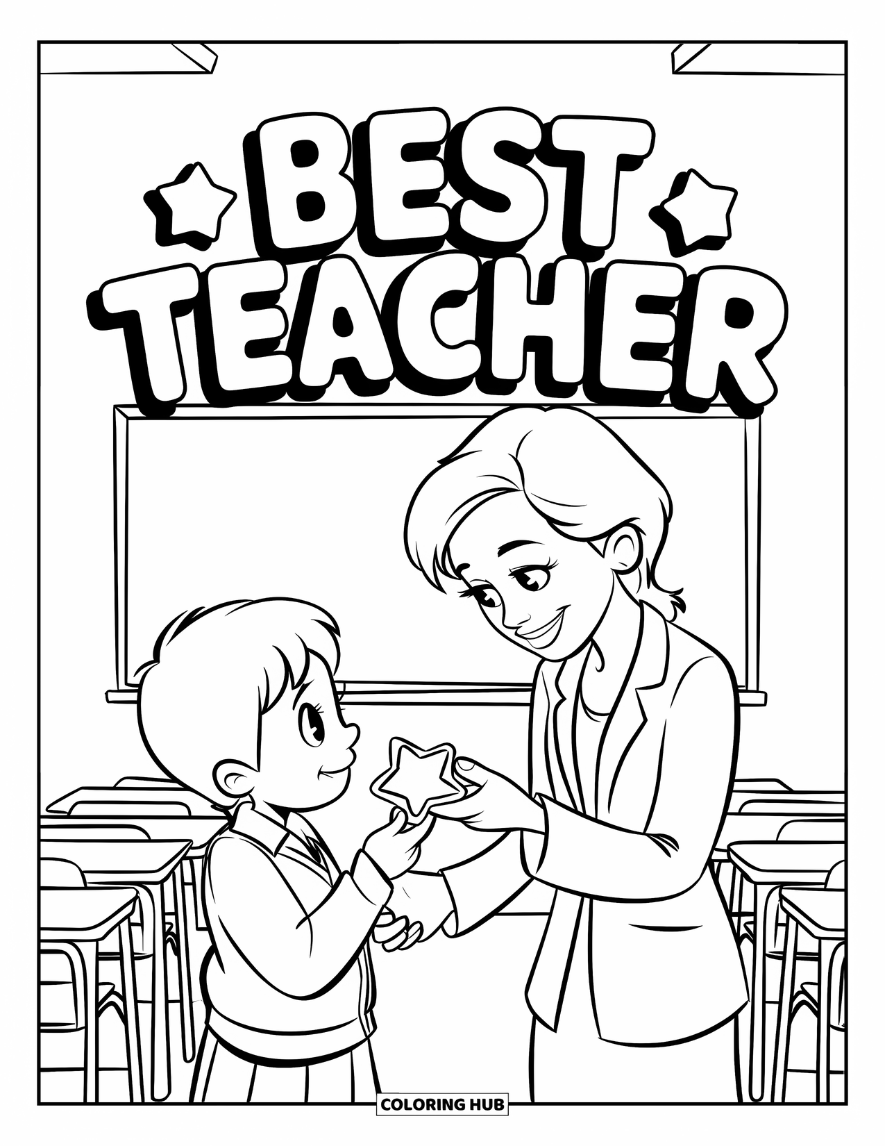 Best Teacher Coloring Page for Kids: A teacher gives a student a star sticker in a classroom with desks
