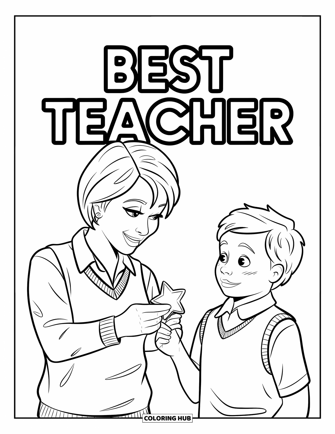 Best Teacher Coloring Page for Kids: A teacher gives a student a star sticker with a "Best Teacher" sign