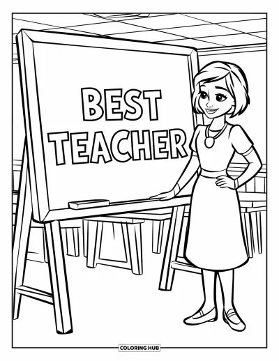 Çocuklar için Öğretmen Boyama Sayfası: Elbiseli bir öğretmen, "Best Teacher" yazılı tahtanın yanında duruyor