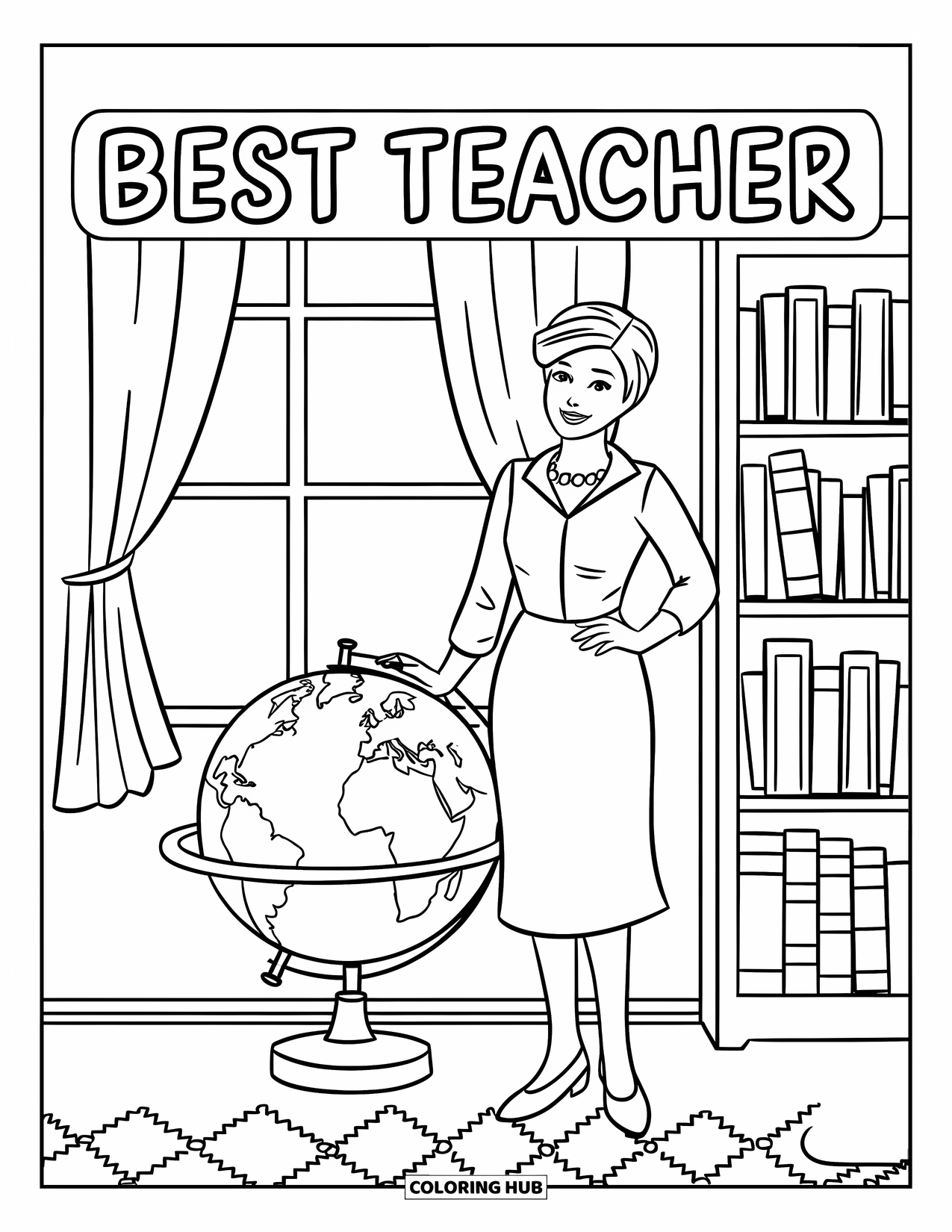 Best Teacher Coloring Page for Kids: A teacher in a dress stands near a globe and bookshelf with "Best Teacher"