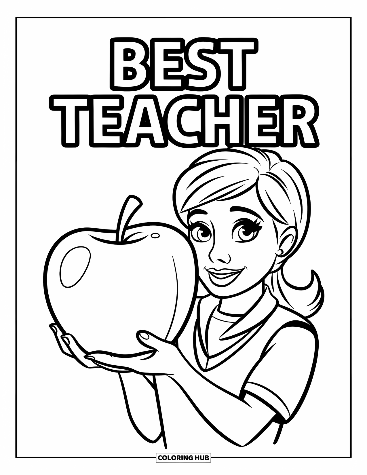 Best Teacher Coloring Page for Kids: A teacher in a vest holds a big apple with "Best Teacher" sign
