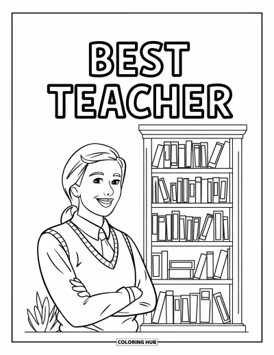 Çocuklar için Öğretmen Boyama Sayfası: Yelekli gülen bir öğretmen, "Best Teacher" yazısının altında kitaplık ve bitki yanında duruyor