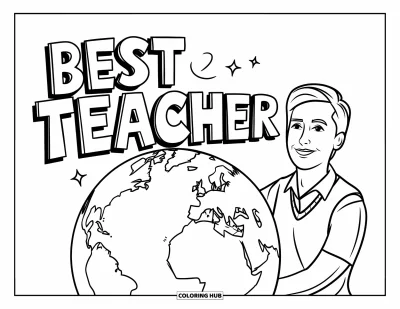 Çocuklar için Öğretmen Boyama Sayfası: Yelekli bir öğretmen, "Best Teacher" yazısının altında küre yanında duruyor